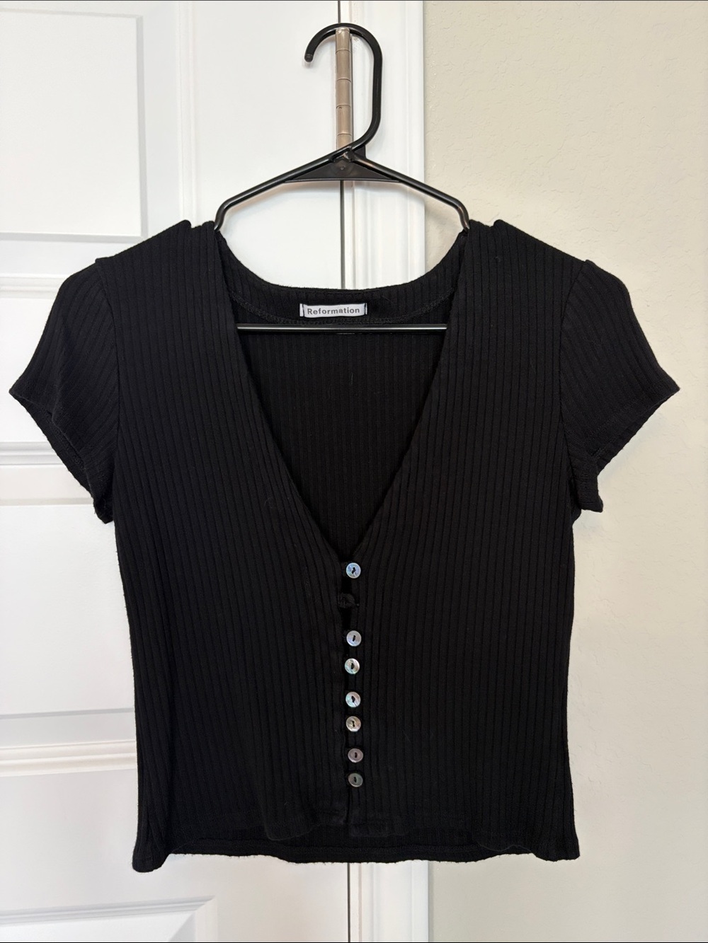 Reformation Black Ribbed Short-Sleeve Button-Front Top